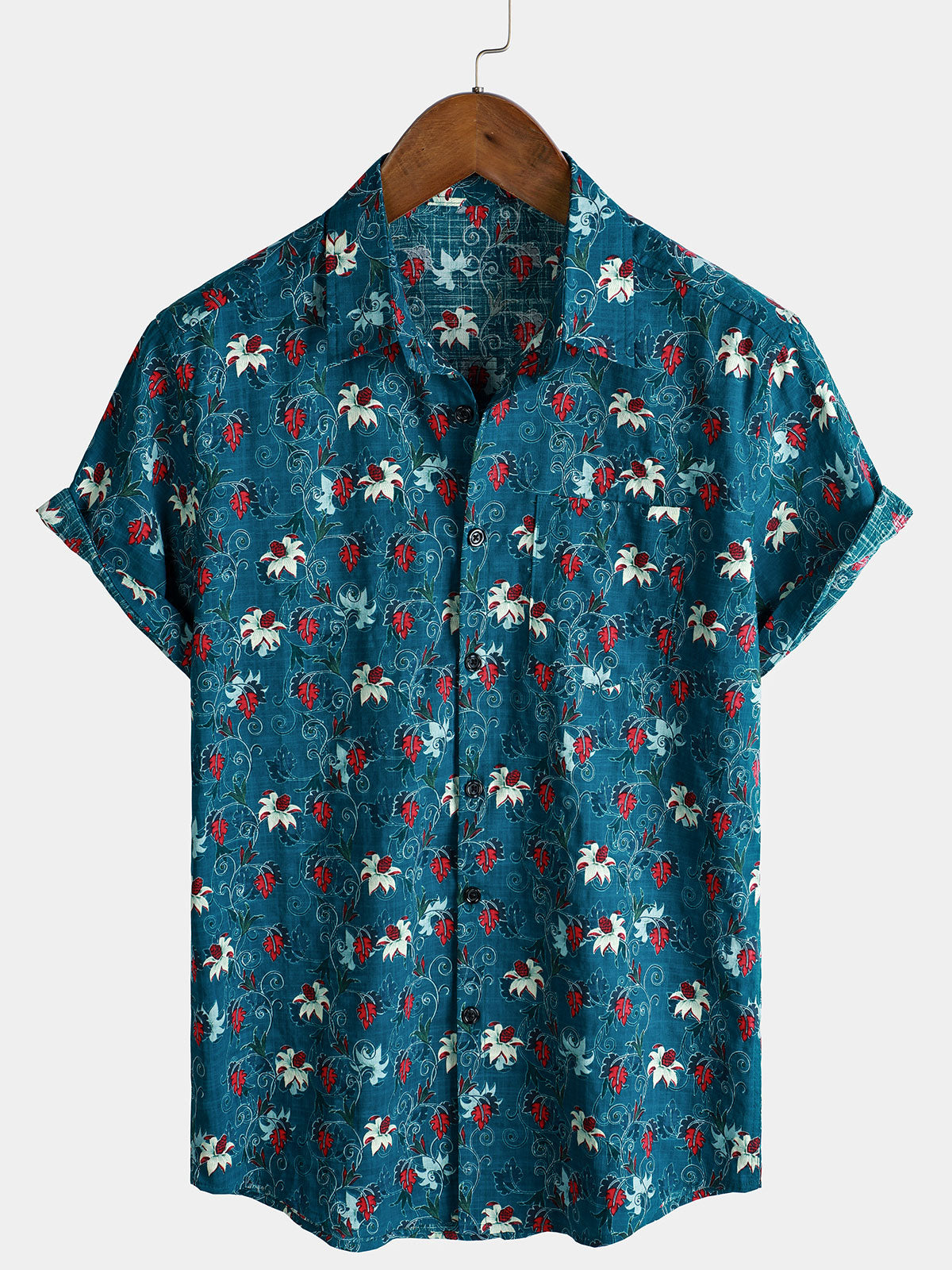 Men's Blue Tropical Flower Print Short Sleeve Cotton Shirt