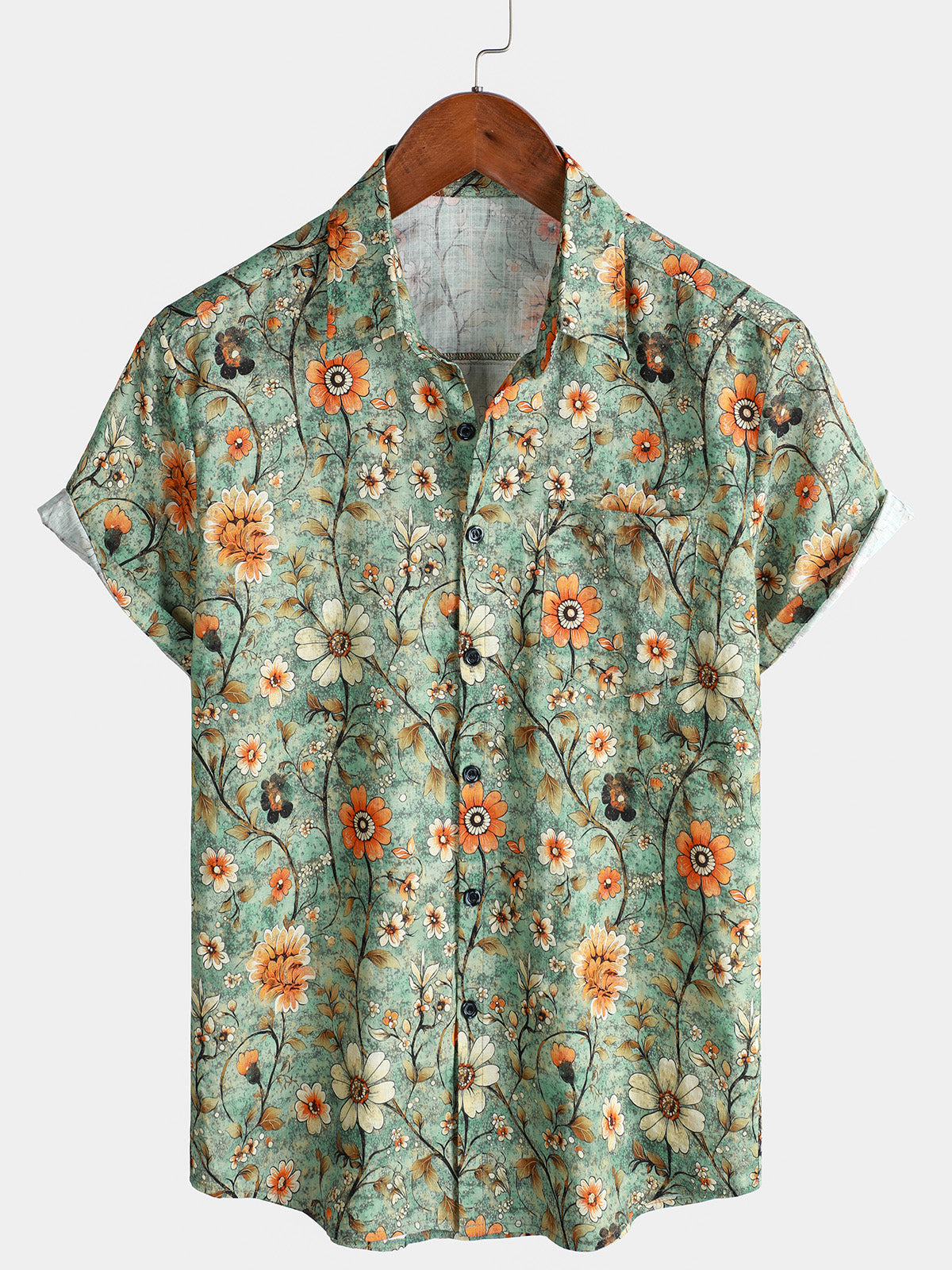 Men's Green Floral Print Summer Short Sleeve Hawaiian Shirt