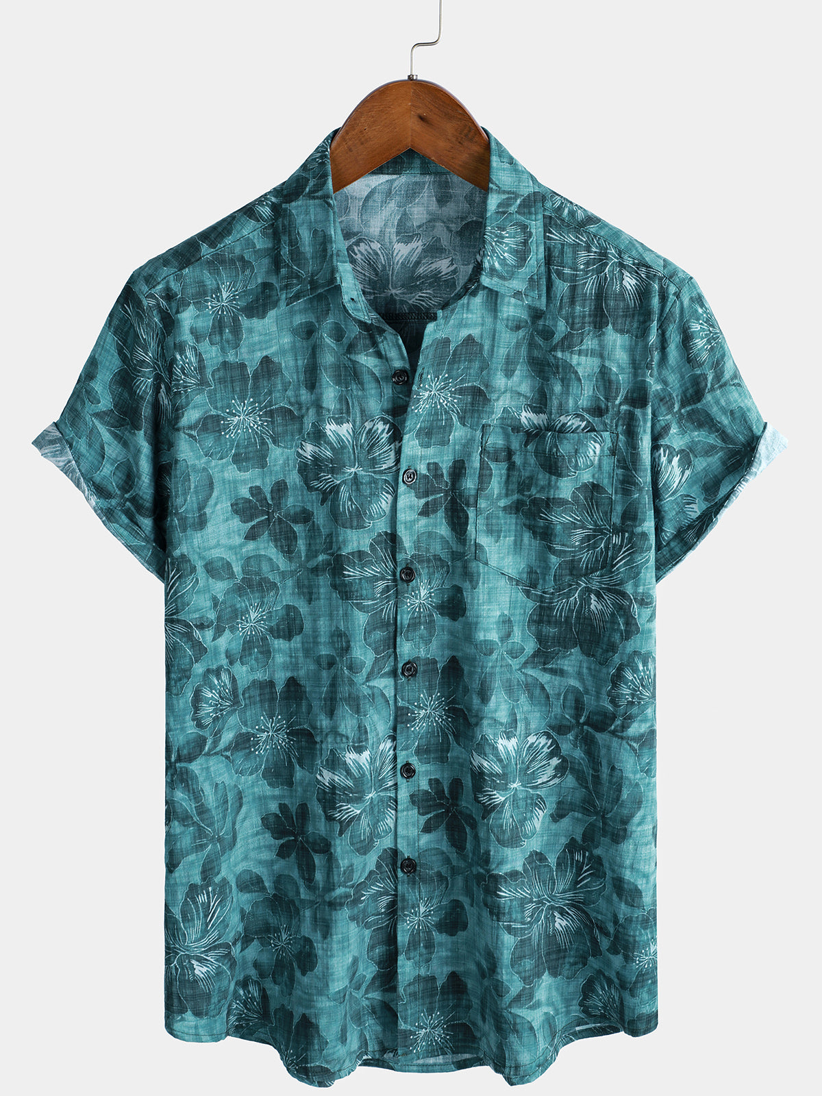 Men's Holiday Blue Floral Print Short Sleeve Button Up Hawaiian Shirt