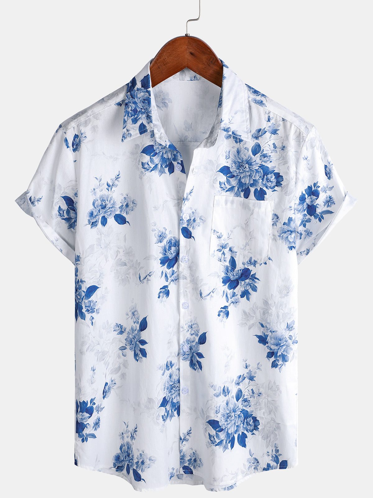 Men's Holiday Blue Floral Print Short Sleeve Hawaiian Shirt
