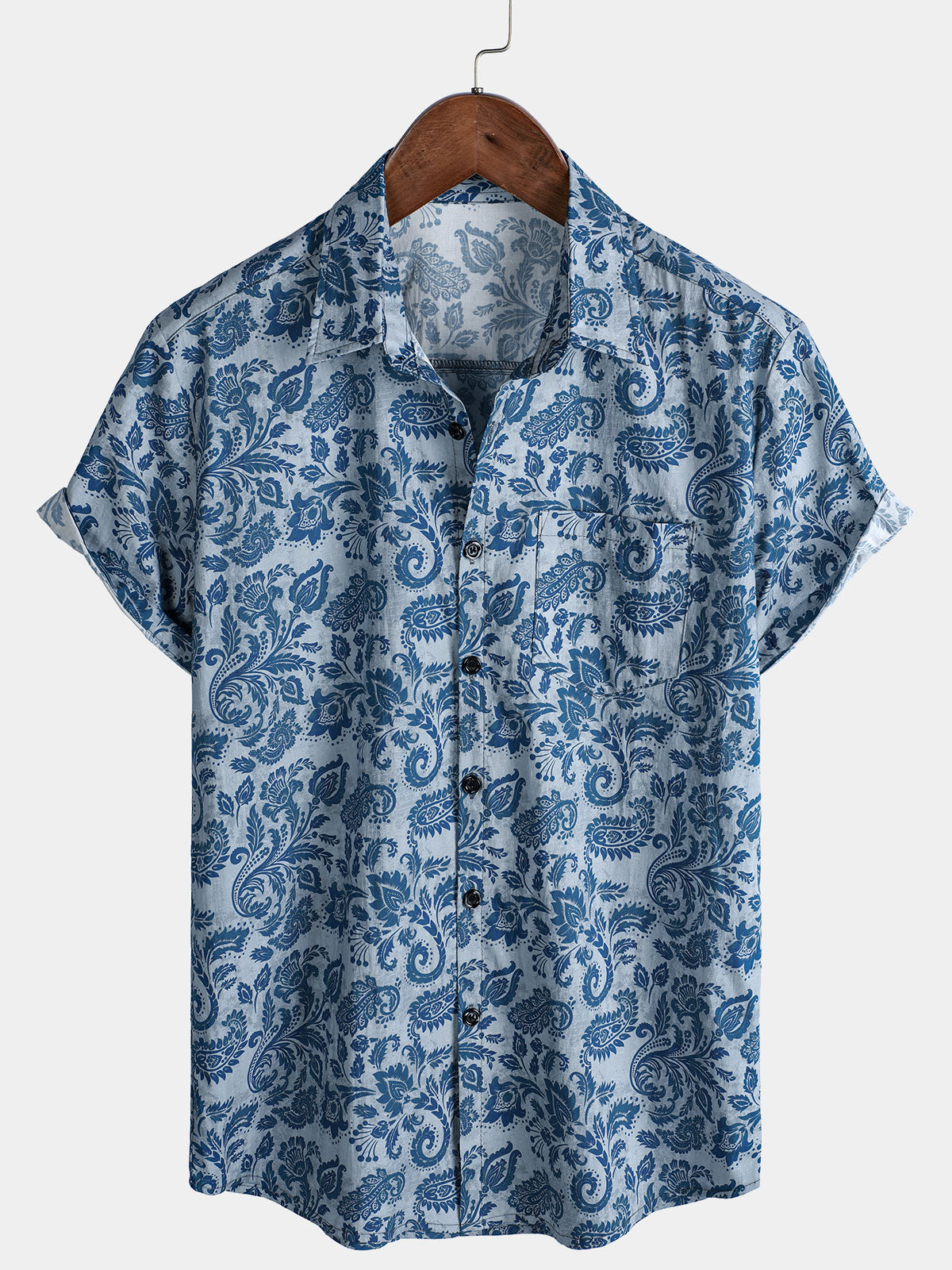 Men's Paisley Floral Blue Casual Short Sleeve Shirt