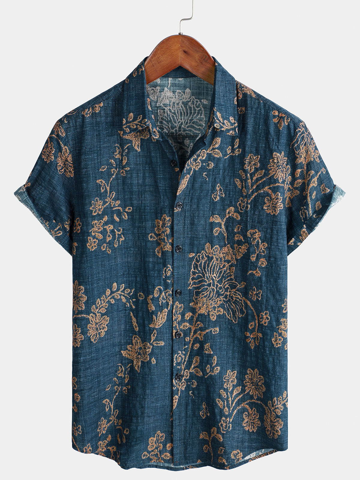 Men's Blue Floral Short Sleeve Breathable Button Up Shirt