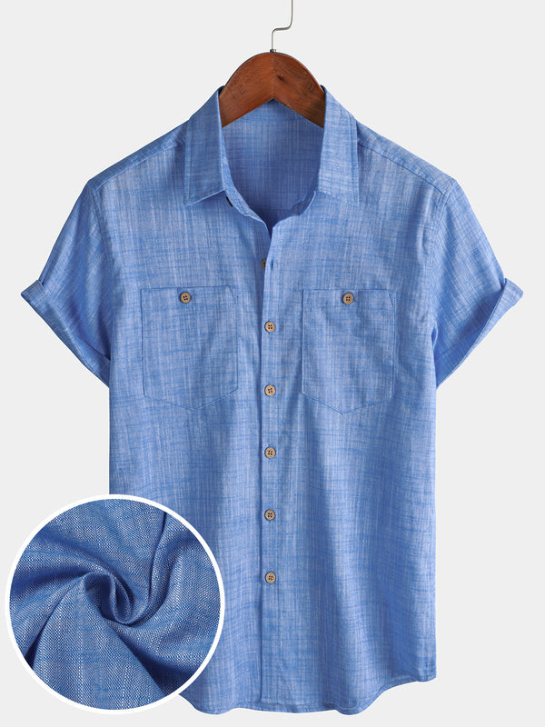 Men's Casual Breathable 100% Cotton Dual Pocket Short Sleeve Collar Shirt