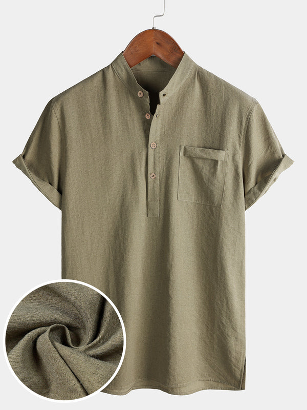 Men's Casual Solid Stand Collar Half Placket Short Sleeve Shirt