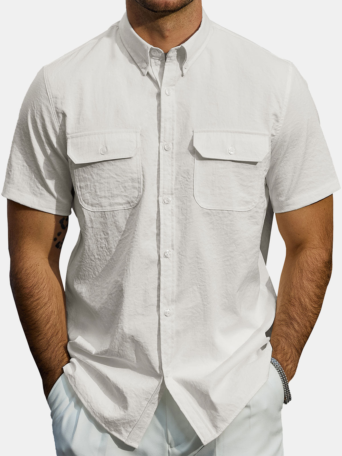 Men's Casual Solid Pocket Button Down Shirt