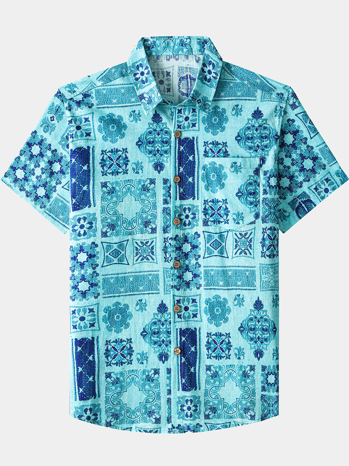 Men’s Retro Hawaiian Print Geometric Patchwork Cotton Breathable Resort Vacation Short Sleeve Shirt
