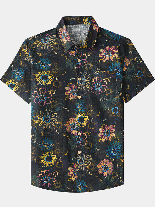 Men’s Retro Resort Vacation Holiday Party Hawaiian Floral Cotton Short Sleeve Shirt