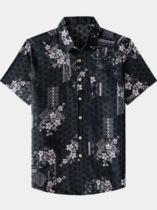 Men’s Vintage Hawaiian Print Geometry Cotton Cool Comfort Beach Party Holiday Short Sleeve Shirt