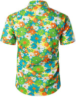 Men's Green Hawaiian Cute Floral Print 70s Themed Disco Party Cotton Cool Button Up Short Sleeve Shirt