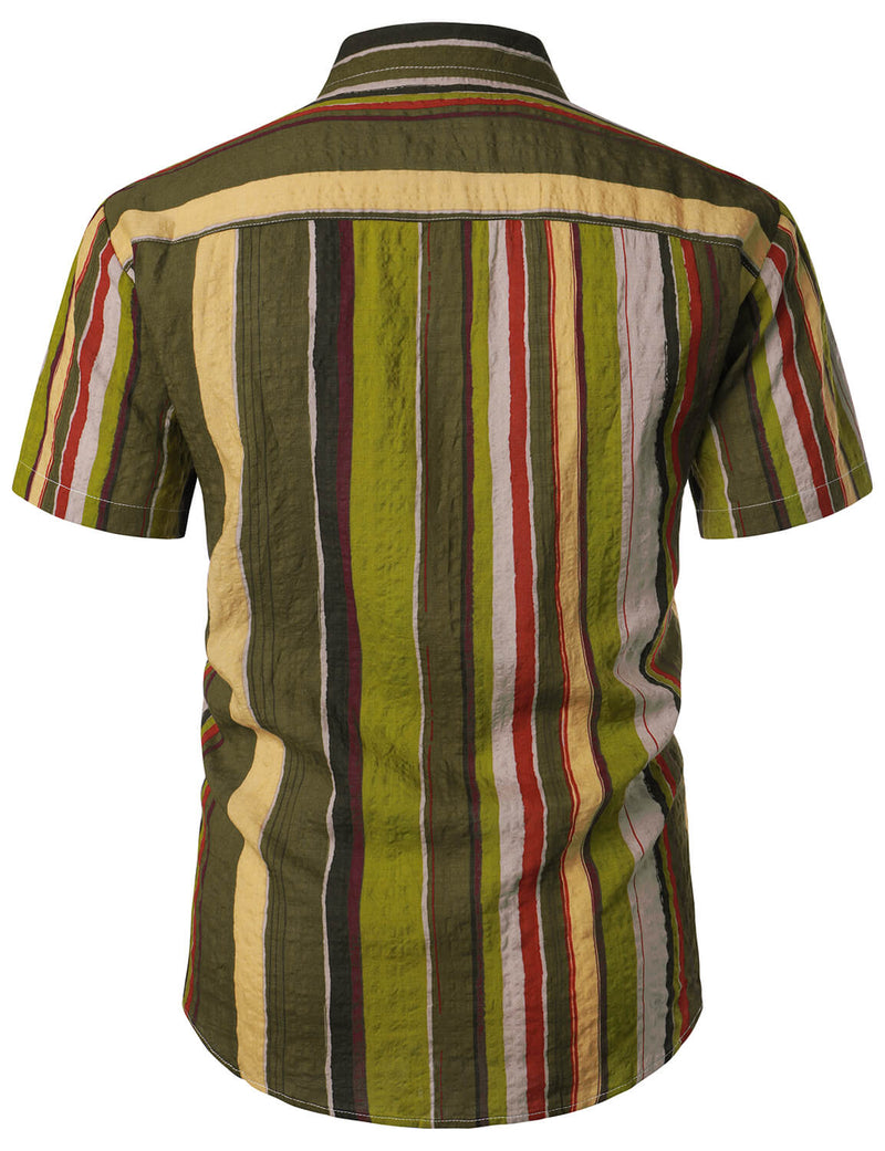 Men's Retro Army Green Vertical Striped Button Up Vacation Beach Short Sleeve Shirt