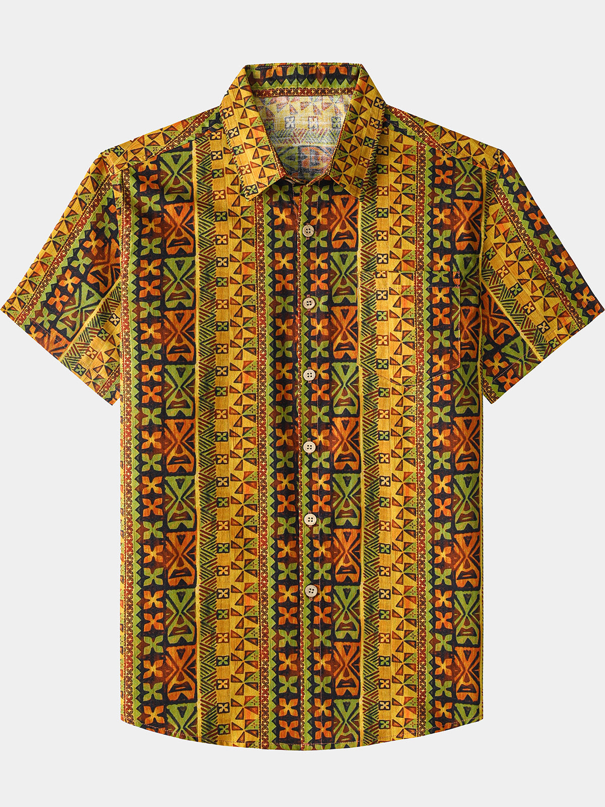Men’s Summer Beach Vintage Yellow Geometric Cotton Casual Breathable Short Sleeve Shirt