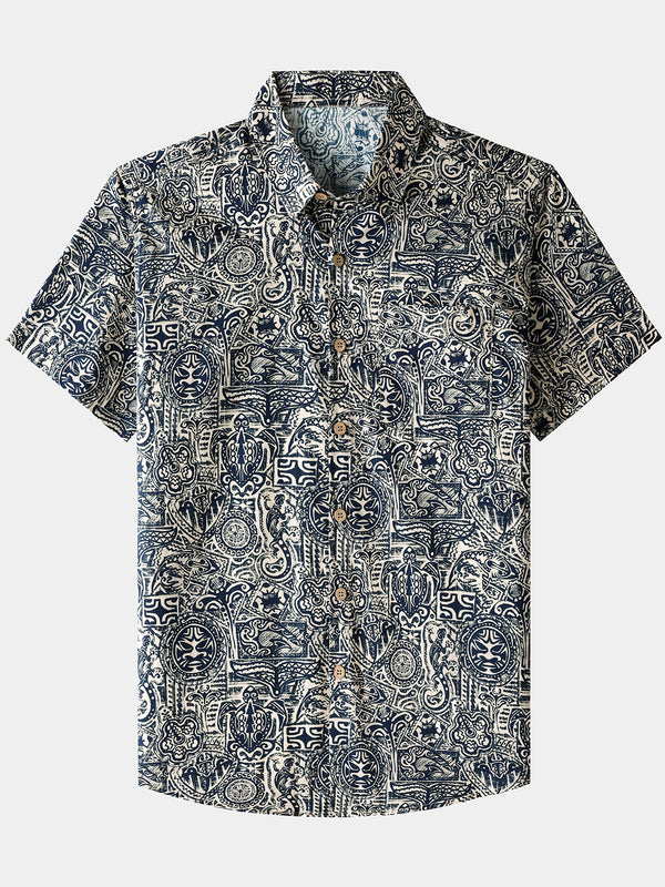 Men’s Tribal Pattern Short Sleeve Button Down Breathable Cool Casual Shirt