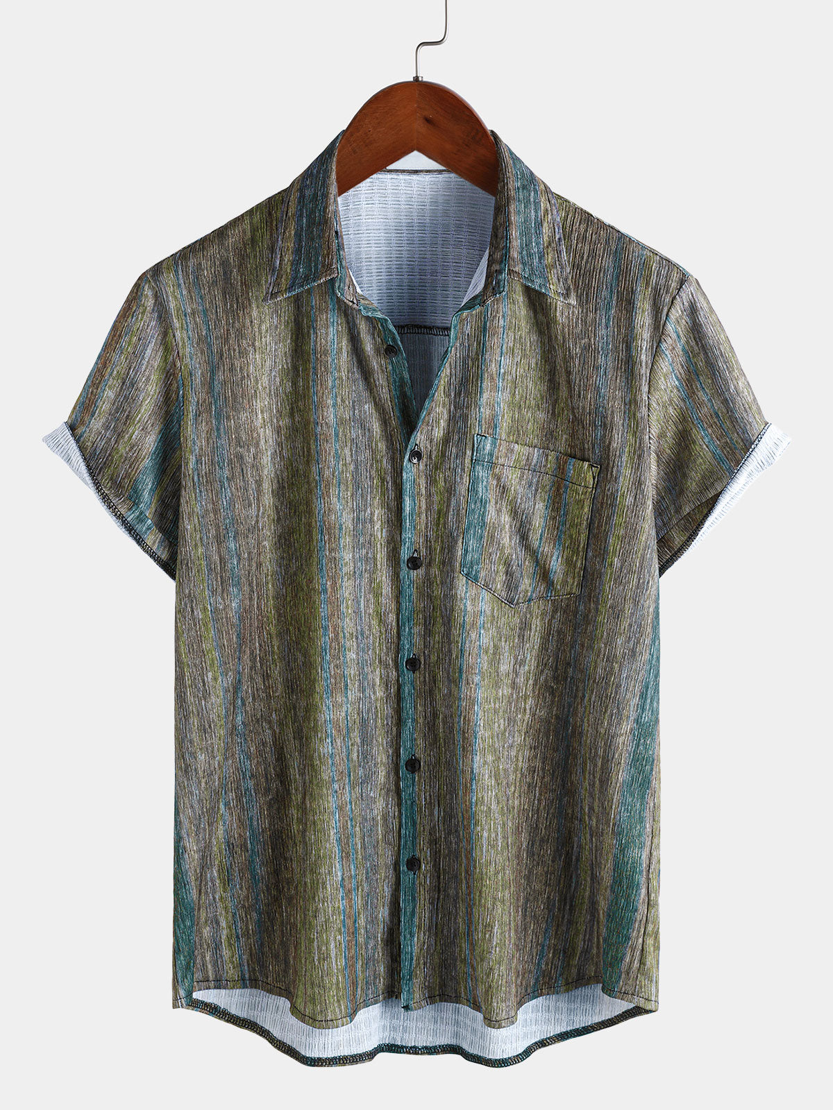 Men’s Vintage Green Striped Hawaiian Button Up Short Sleeve Shirt