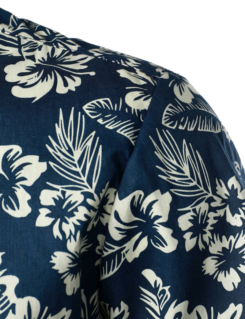 Men's Floral Cotton Navy Blue Hawaiian Flower Beach Resort Tropical Button Up Short Sleeve Shirt