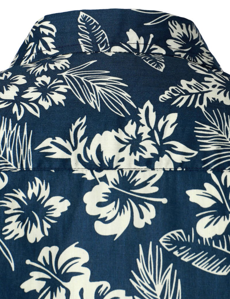 Men's Floral Cotton Navy Blue Hawaiian Flower Beach Resort Tropical Button Up Short Sleeve Shirt