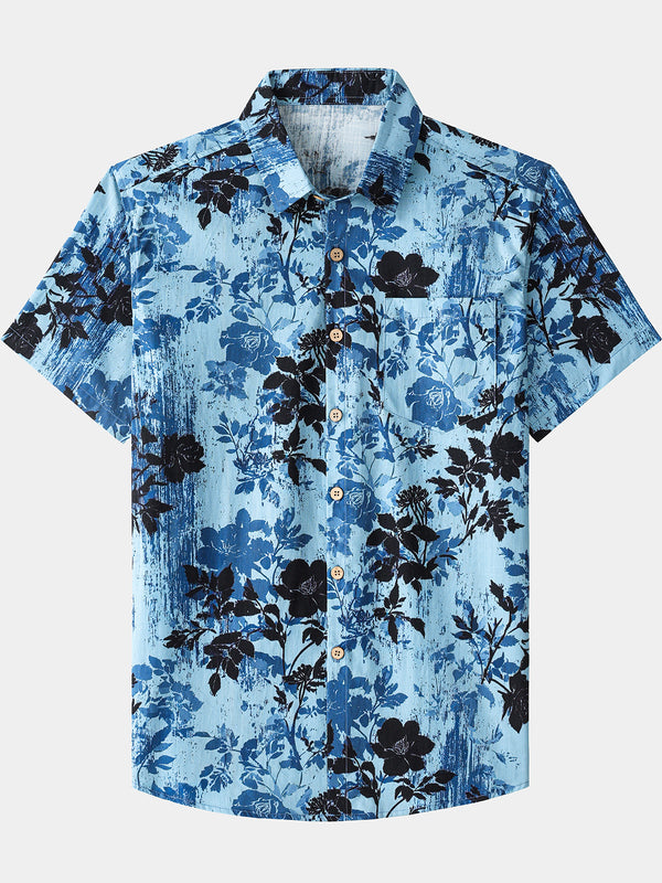 Men’s Summer Beach Vintage Light Blue Floral Cotton Casual Breathable Short Sleeve Shirt
