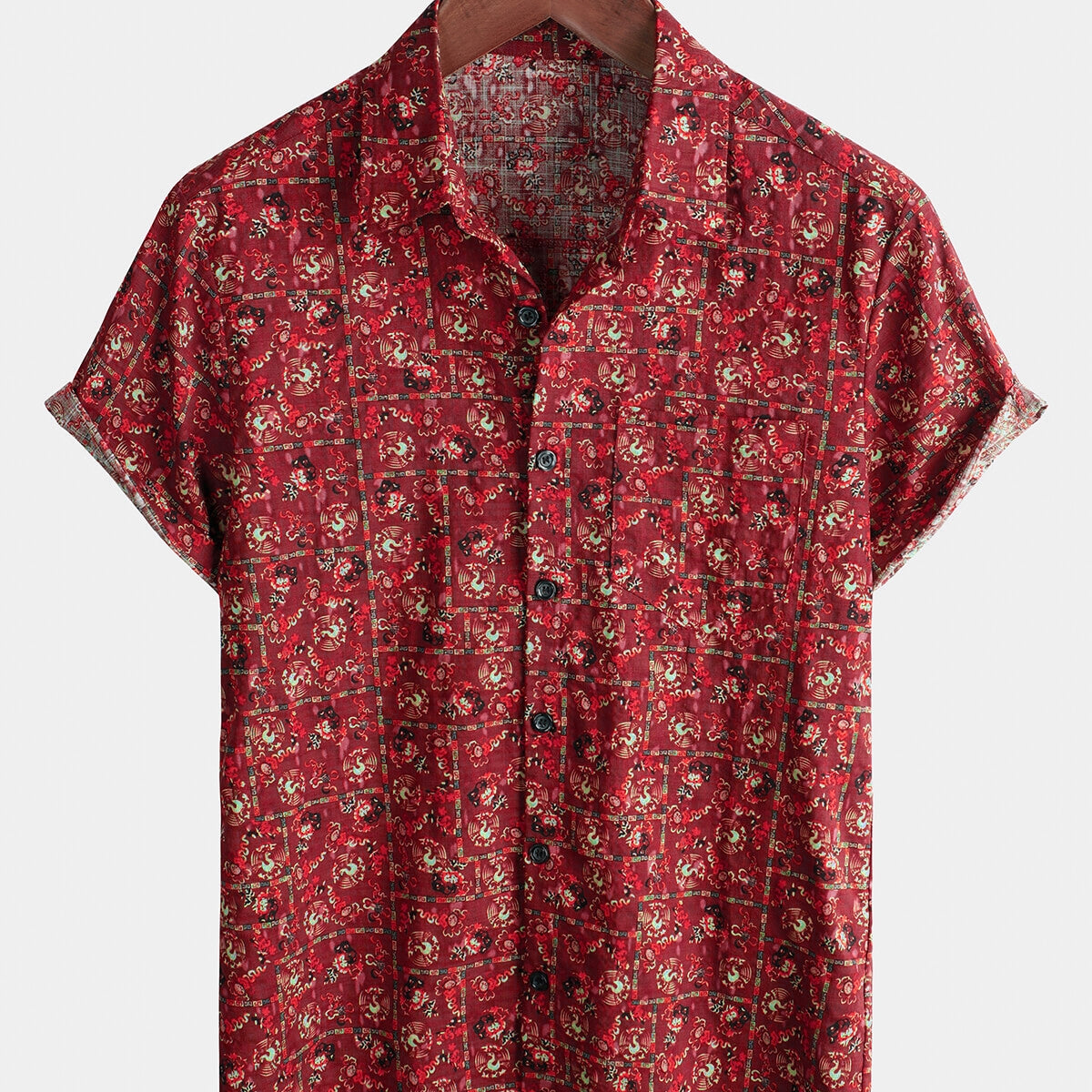 Men's Retro Brown Summer Short Sleeve Pocket Button Up Shirt