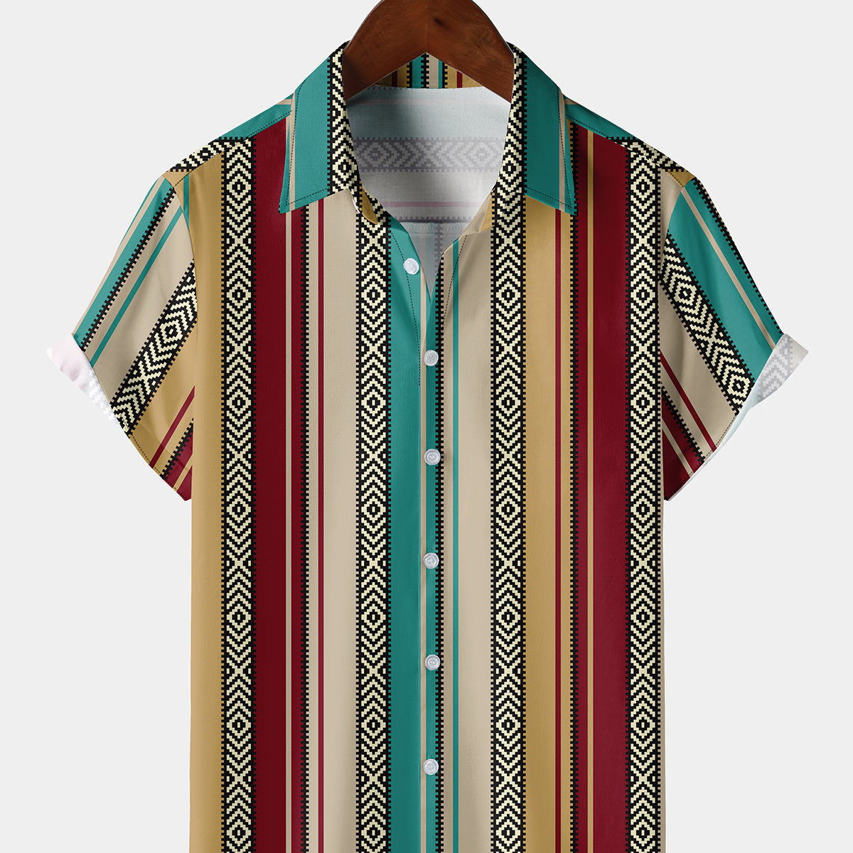 Men's Retro Striped Casual Button Up Ethnic Short Sleeve Shirt