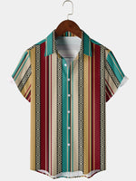 Men's Retro Striped Casual Button Up Ethnic Short Sleeve Shirt