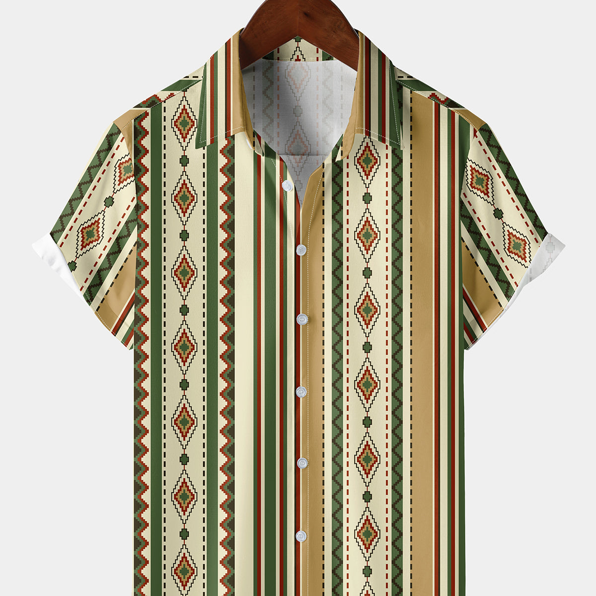 Men's Casual Vertical Striped Ethnic Western Vintage Button Up Retro Aztec Print Short Sleeve Shirt