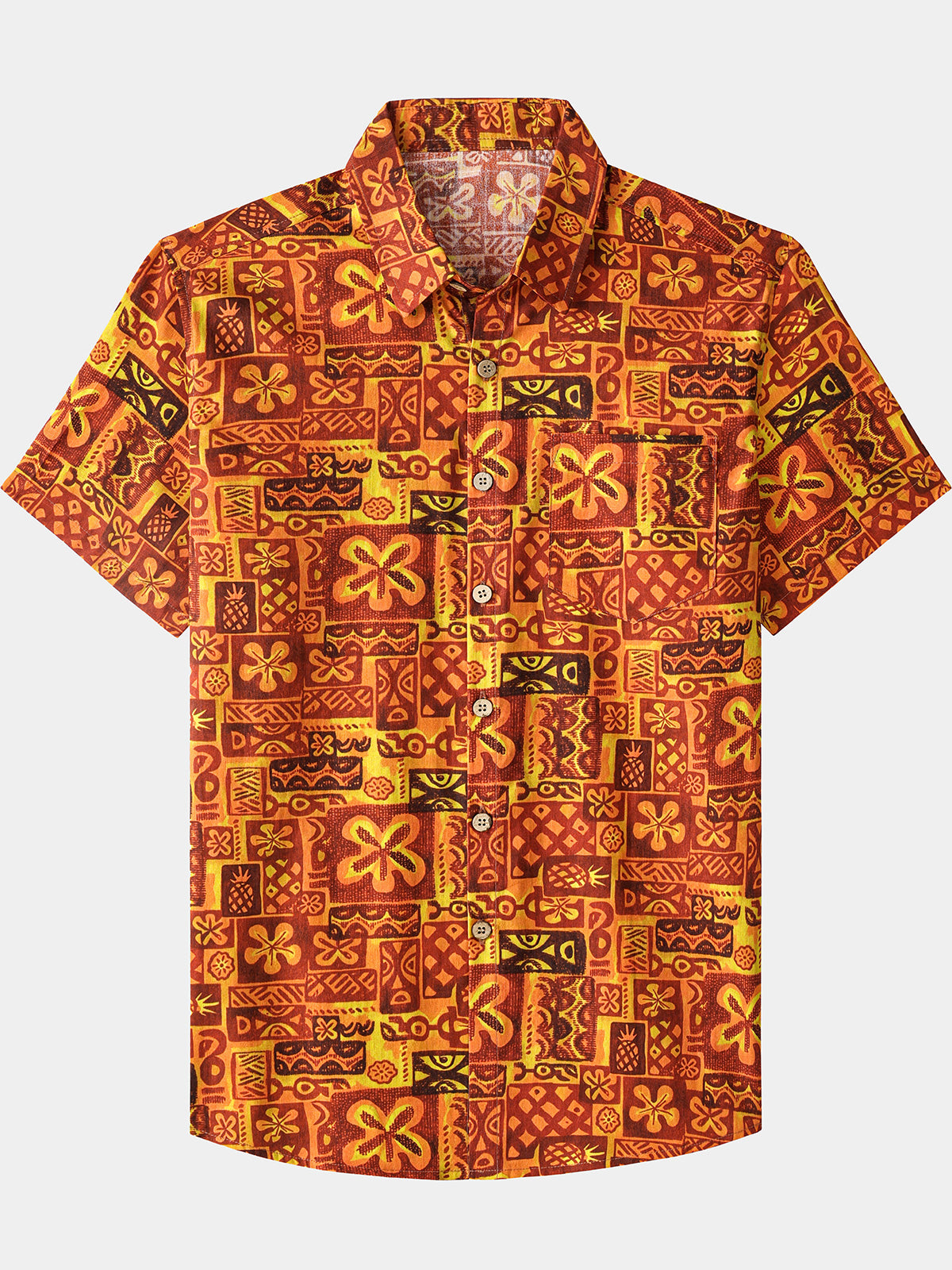 Men’s Summer Beach Vintage Orange Floral Cotton Casual Breathable Short Sleeve Shirt