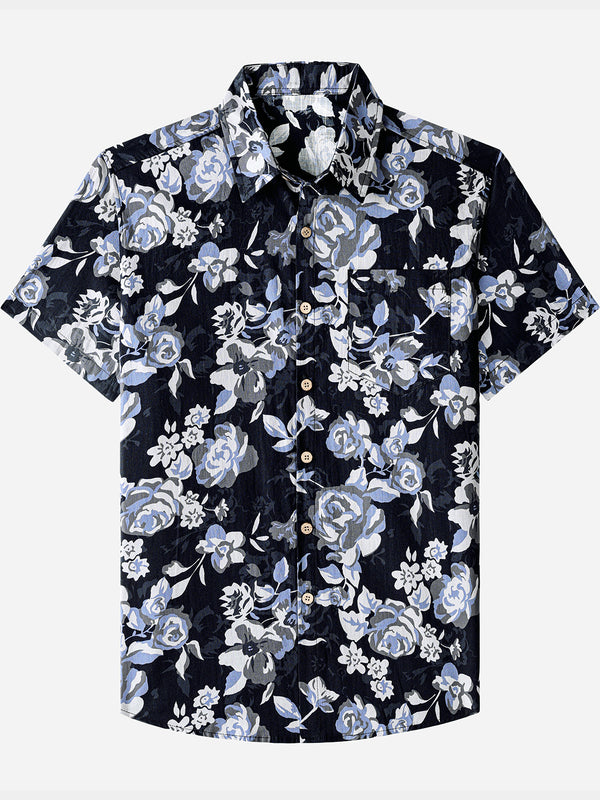 Men’s Hawaiian Print Floral Pattern Cotton Breathable Resort Vacation Holiday Short Sleeve Shirt