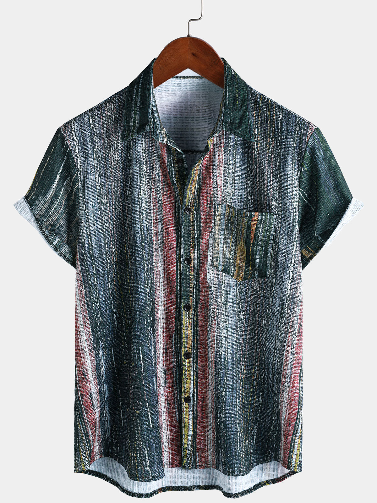 Men’s Green Vintage Striped Hawaiian Button Up Short Sleeve Shirt