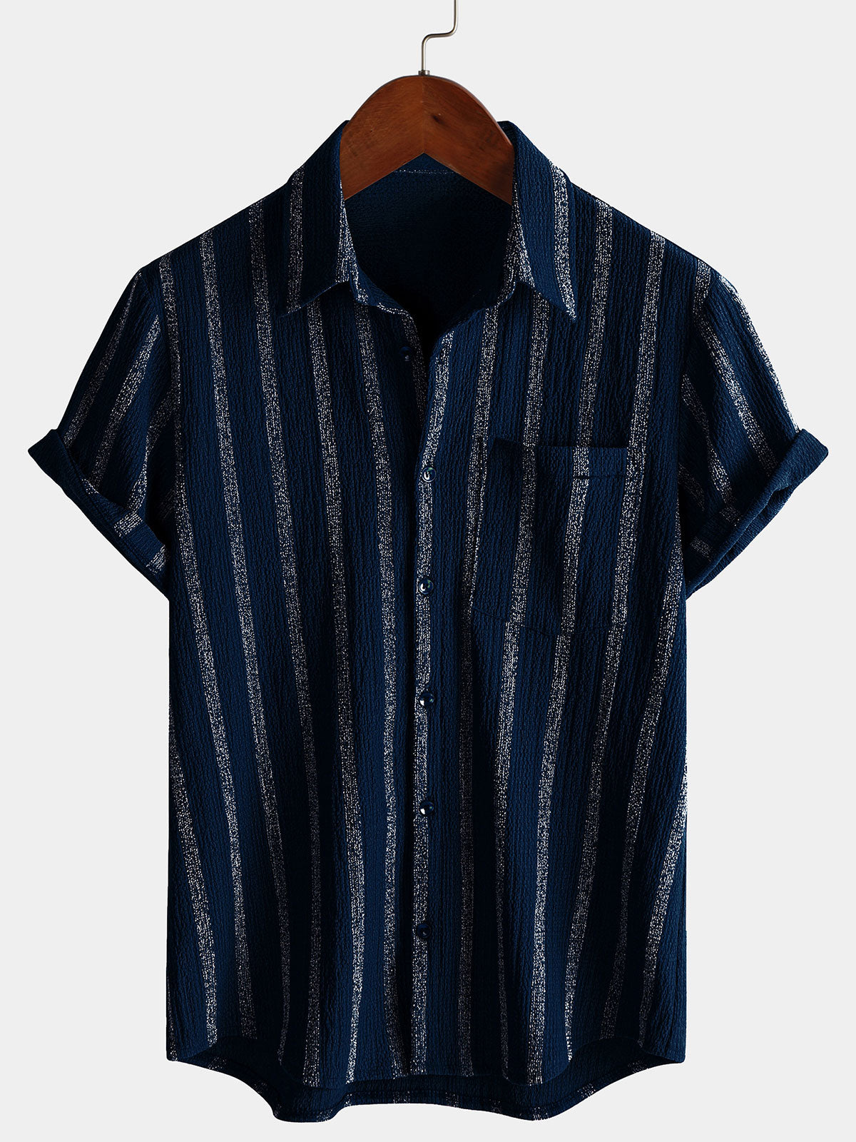 Men's Summer Striped Pocket Button Up Short Sleeve Hawaiian Shirt