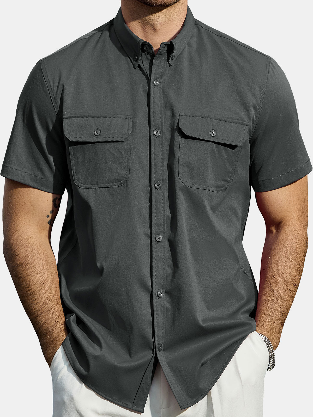 Men's Casual Solid Pocket Button Down Shirt