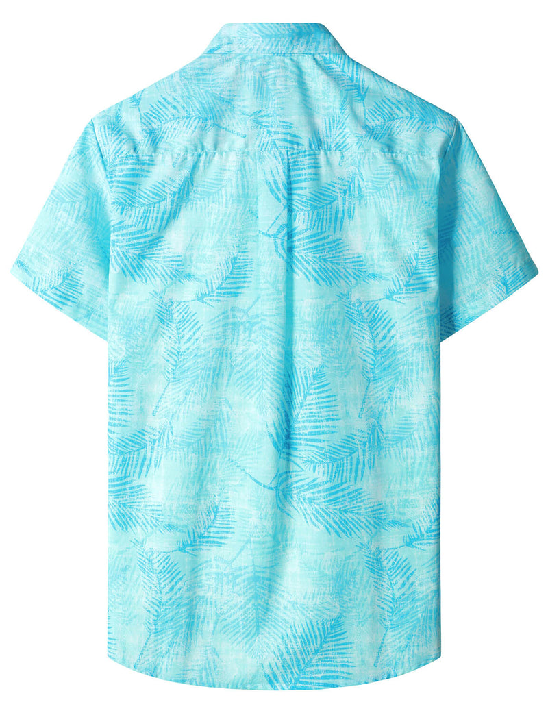 Men's Light Blue Tropical Print Beach Holiday Pocket Short Sleeve Shirt