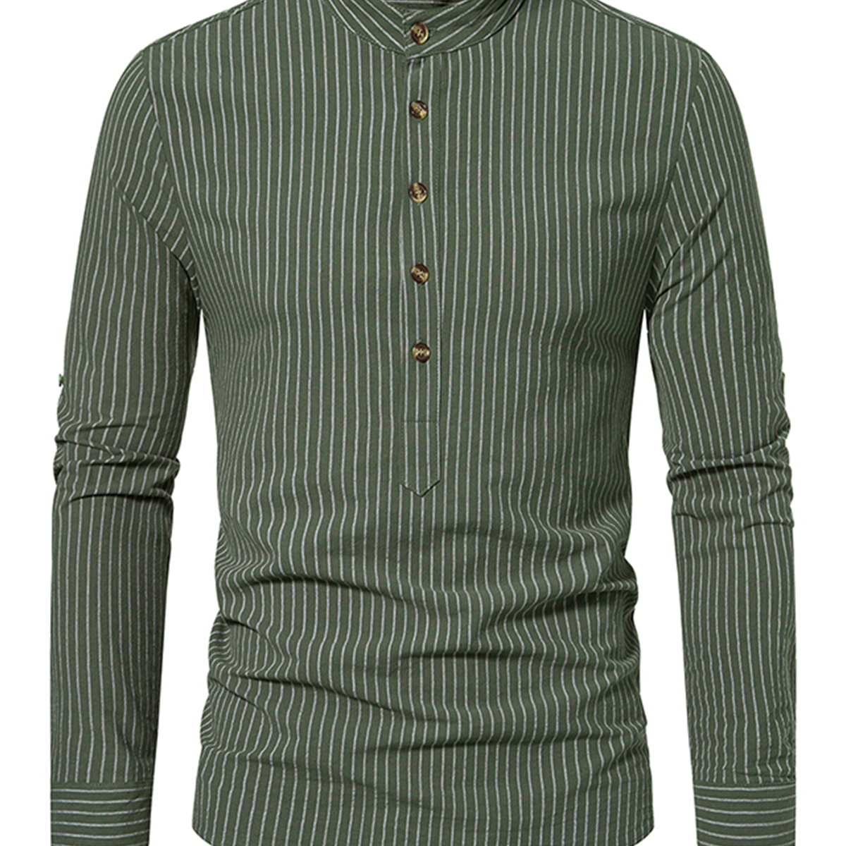 Men's Cotton Vertical Striped Henley Collar Long Sleeve Shirt