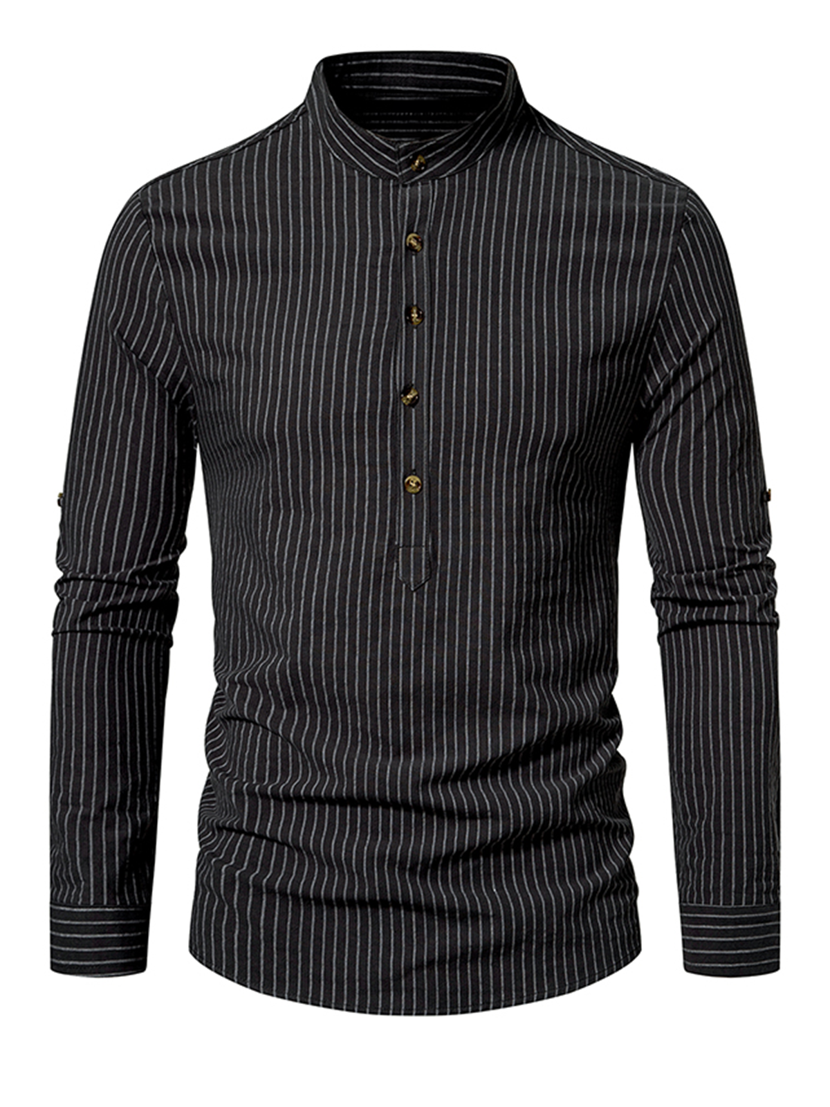 Men's Henley Collar Vertical Striped 100% Cotton Long Sleeve Shirt