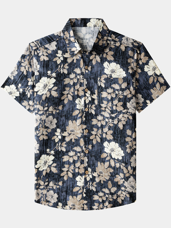 Men’s Vintage Floral Print Short Sleeve Button Up Breathable Cool Casual Shirt