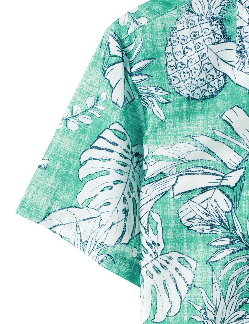 Men's Beach Tropical Pineapple Print Pocket Cool Short Sleeve Green Hawaiian Shirt