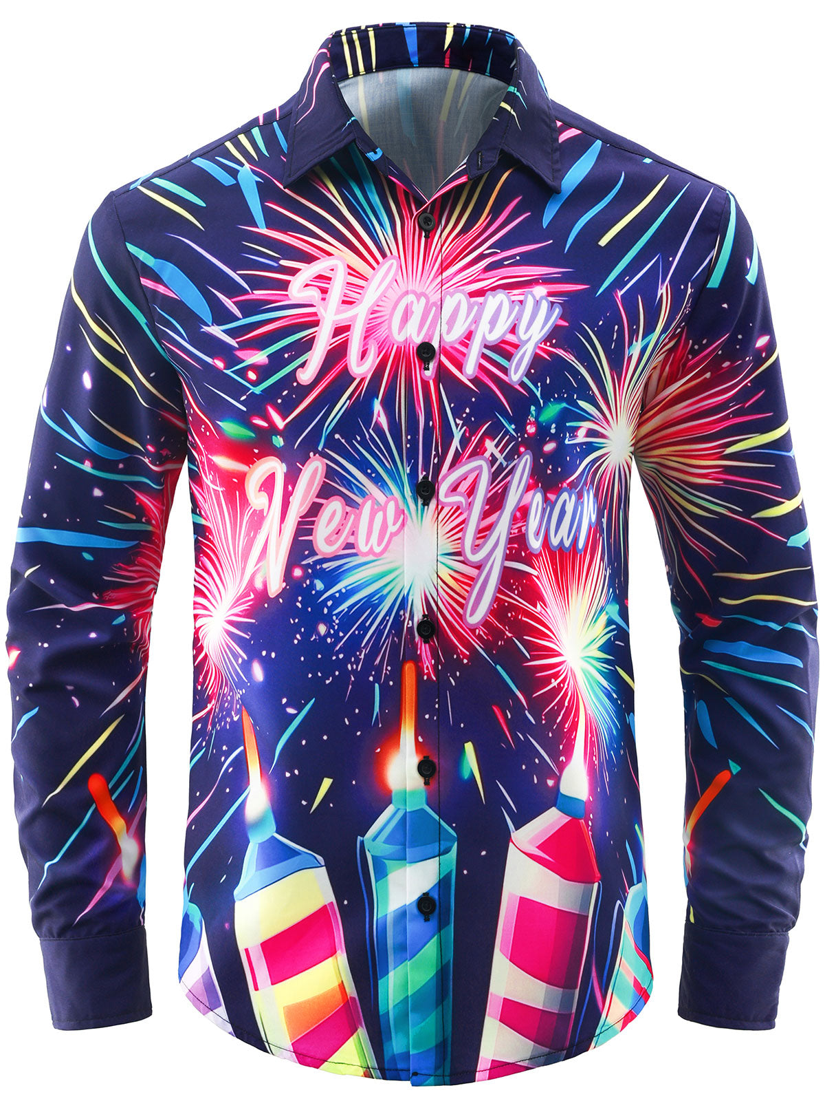 Men's Funny Christmas Happy New Year Holiday Button Long Sleeve Shirt