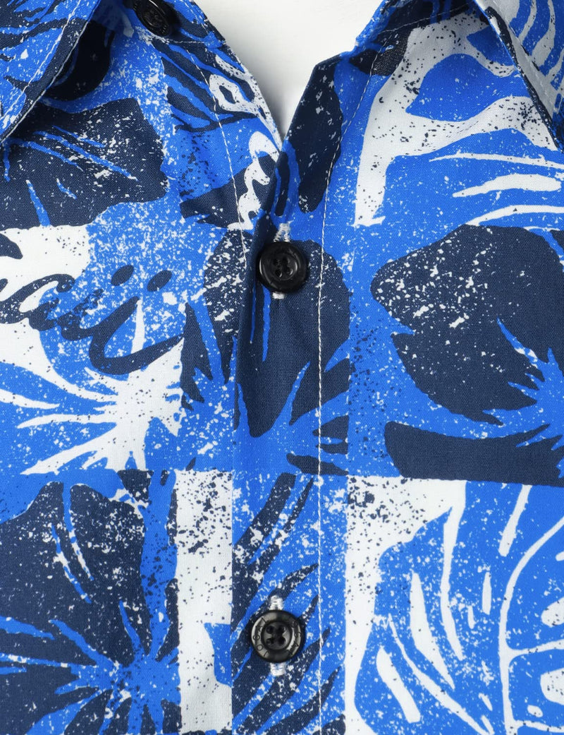 Men's Blue Tropical Print Short Sleeve Cotton Button Up Hawaiian Shirt