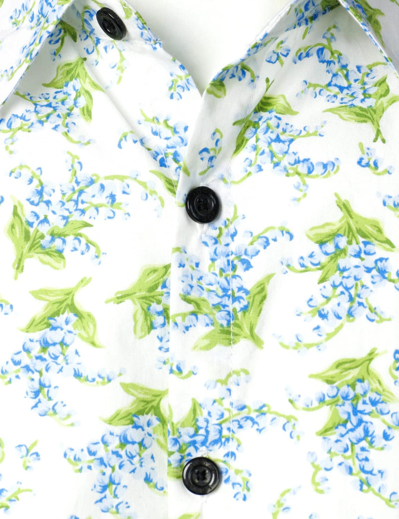 Men's Summer Casual Cotton Floral Print Button White Short Sleeve Shirt