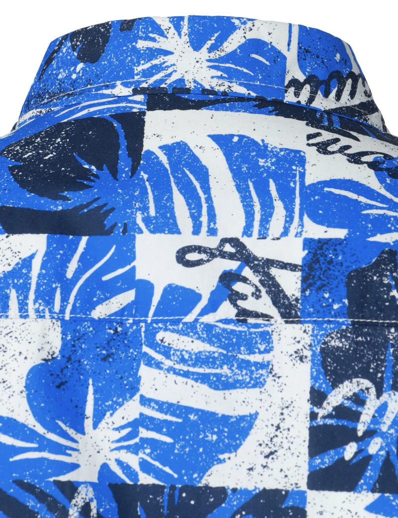 Men's Blue Tropical Print Short Sleeve Cotton Button Up Hawaiian Shirt