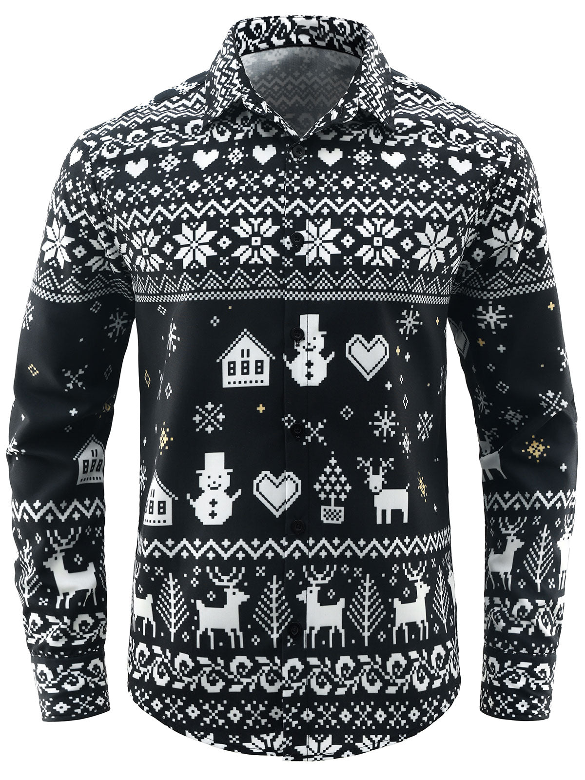 Men's Funny Christmas Black Snowman Holiday Button Long Sleeve Shirt
