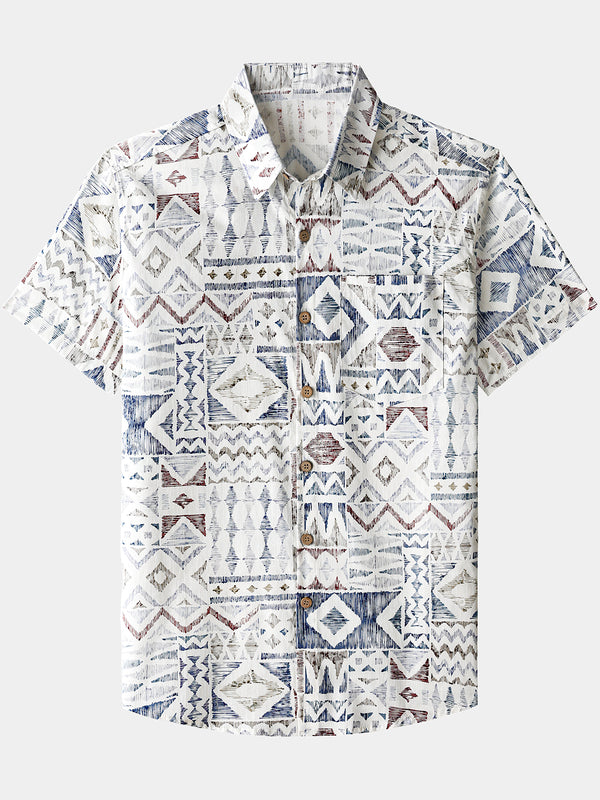 Men’s Vintage Geometric Pattern Short Sleeve Breathable Cool Casual Shirt