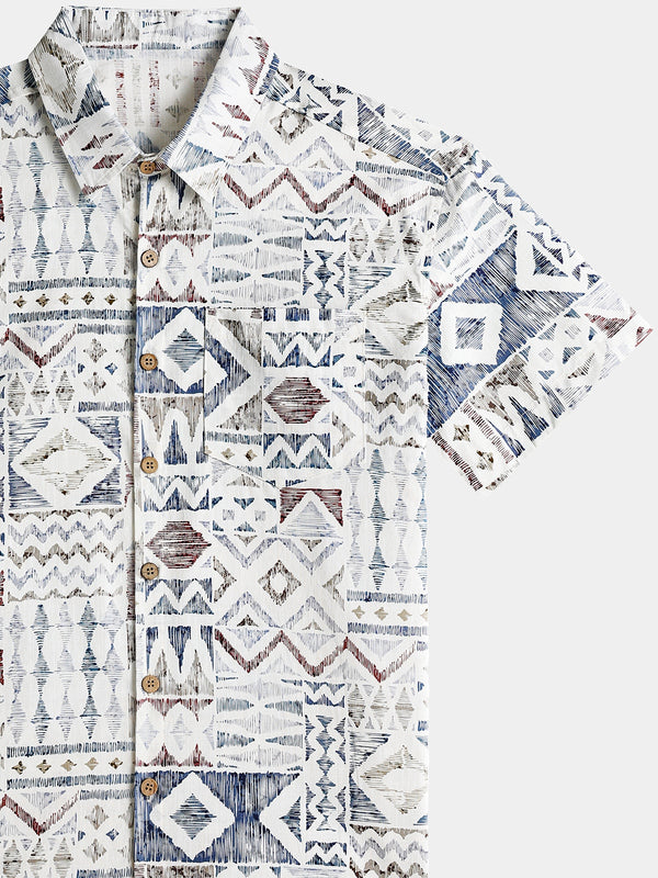 Men’s Vintage Geometric Pattern Short Sleeve Breathable Cool Casual Shirt