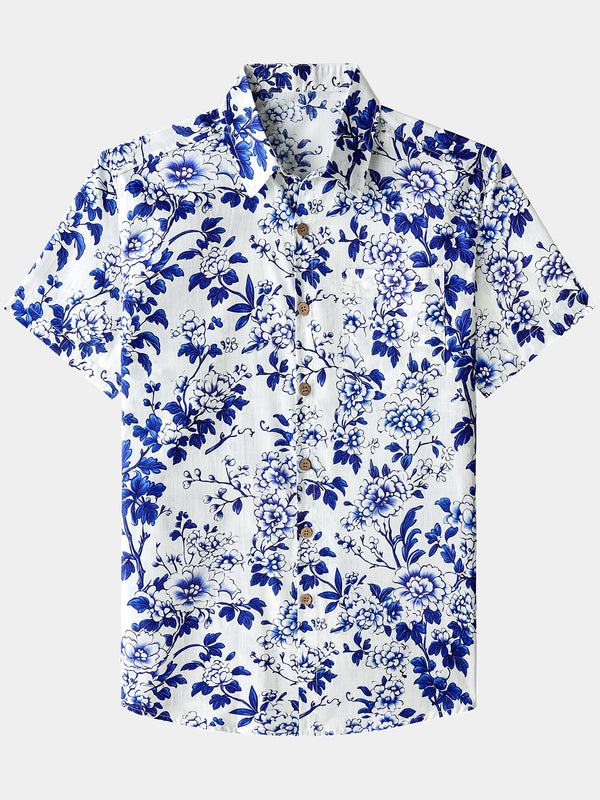 Men’s Blue Floral Short Sleeve Button Down Breathable Cool Casual Summer Shirt