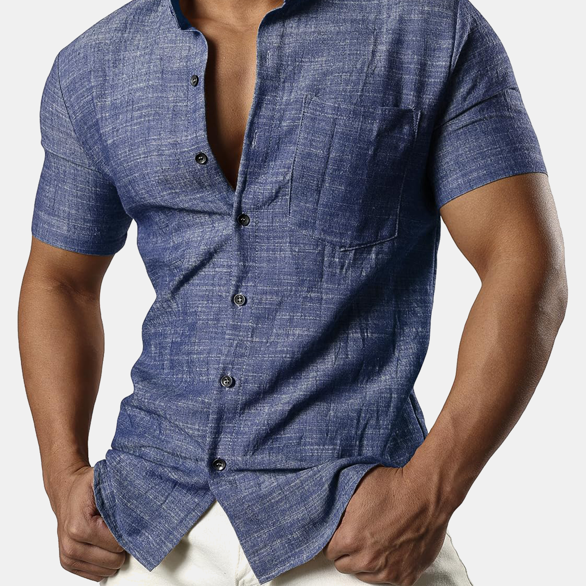 Men's Casual Cotton Linen Henley Pocket Short Sleeve Botton Hawaiian Beach Shirt
