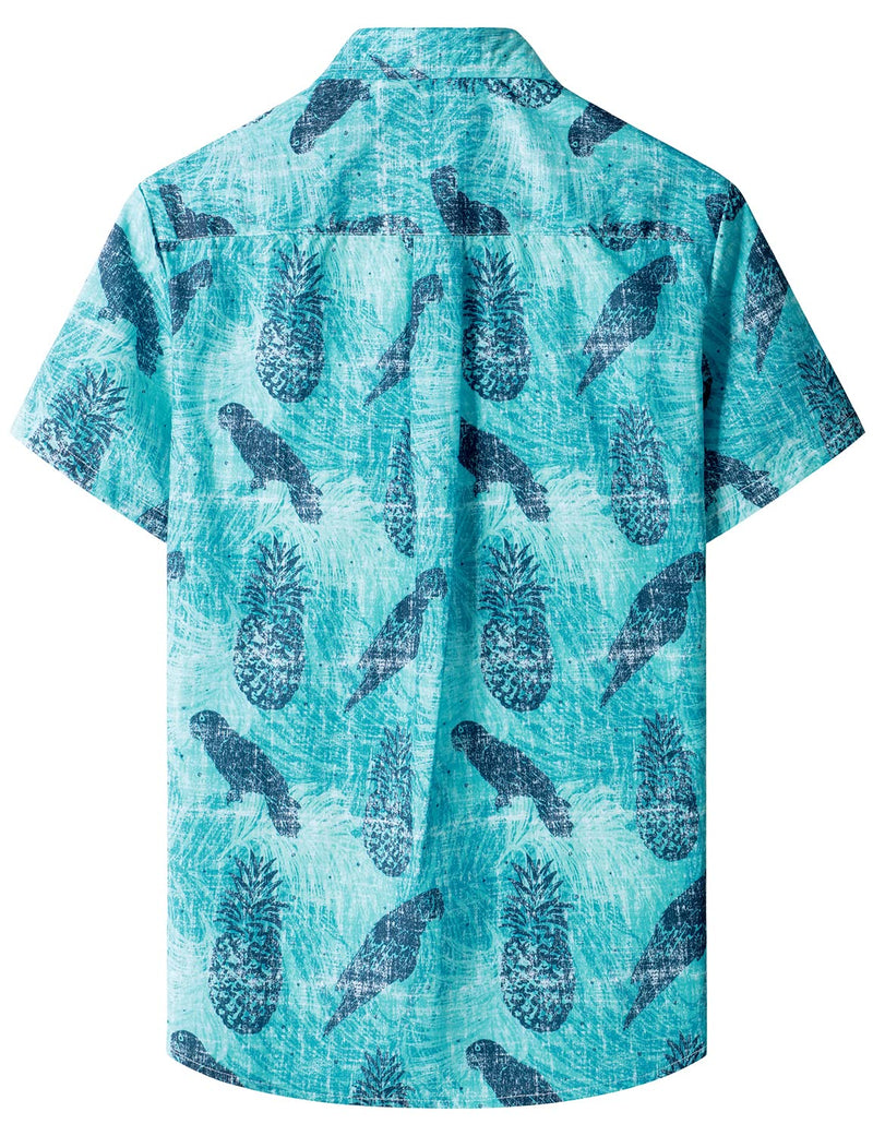 Men's Pineapple Blue Hawaiian Summer Casual Beach Button Holiday Short Sleeve Shirt