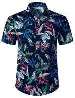 Men's Cotton Tropical Plant Casual Summer Holiday Short Sleeve Navy Blue Hawaiian Shirt