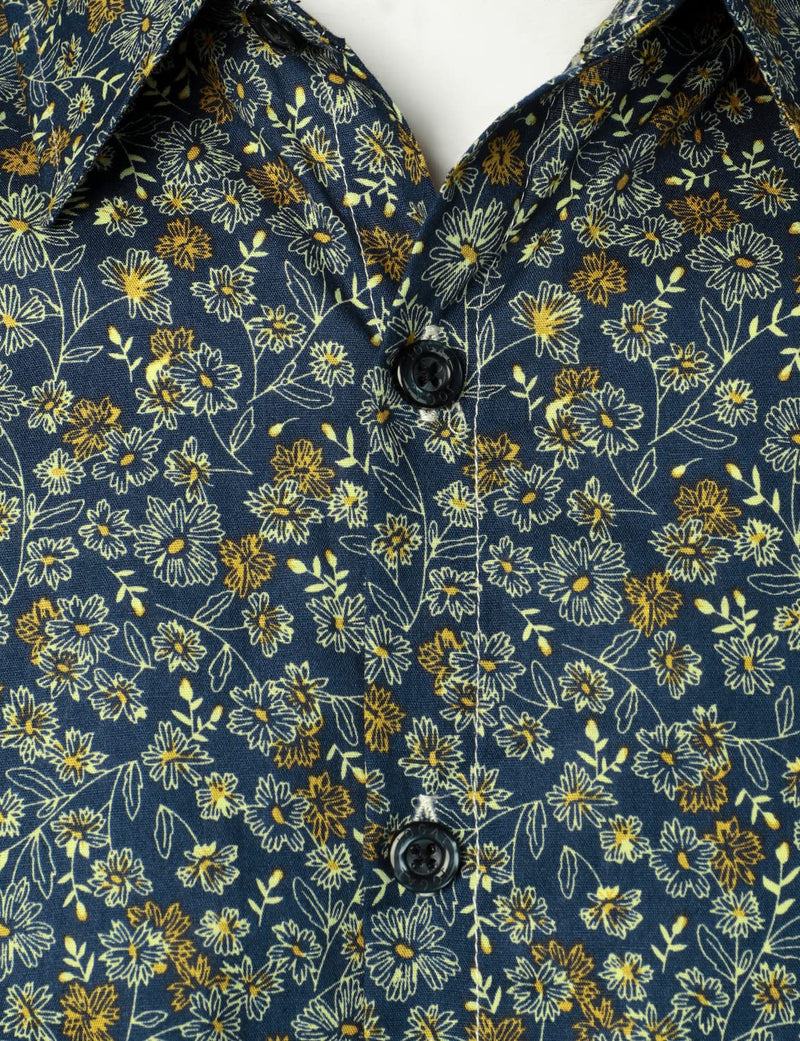 Men's Navy Blue Vintage Floral Print Cotton Breathable Flower Button Long Sleeve Dress Shirt