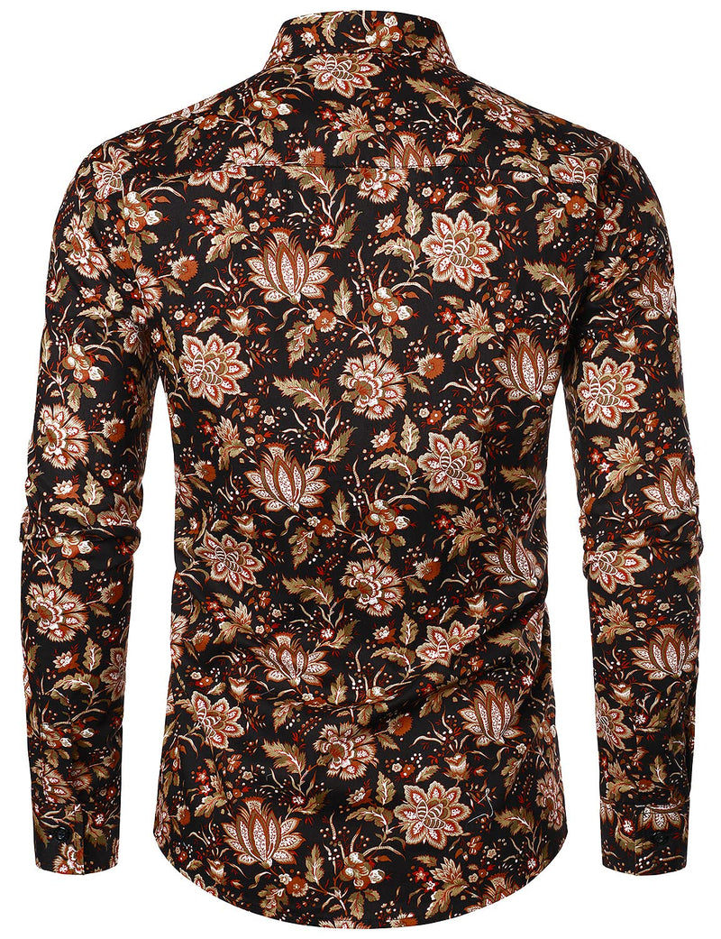 Men's Vintage Floral Print Cotton Breathable Retro Flower Button Long Sleeve Dress Shirt