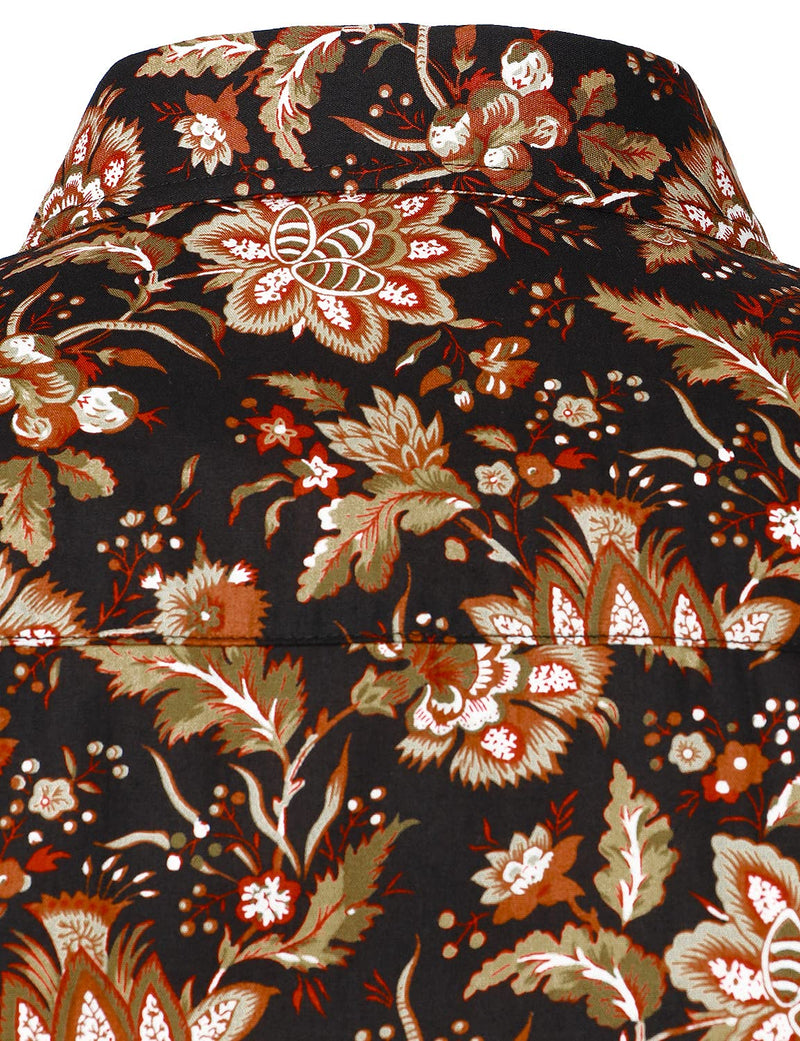 Men's Vintage Floral Print Cotton Breathable Retro Flower Button Long Sleeve Dress Shirt