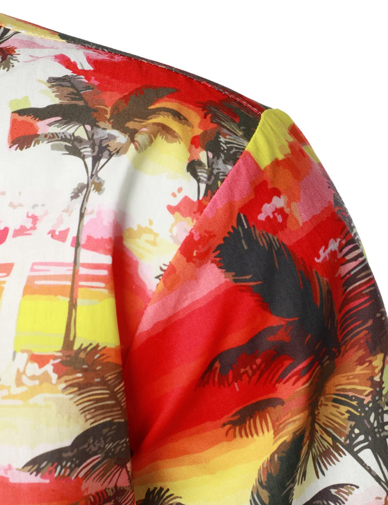 Men's Cotton Red Hawaiian Holiday Tropical Palm Tree Floral Short Sleeve Beach Button Shirt