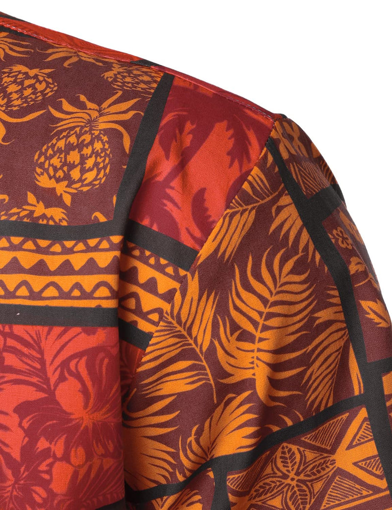 Men's Tropical Vintage Hawaiiwan Red Cotton Pineapple Floral Beach Button Short Sleeve Shirt